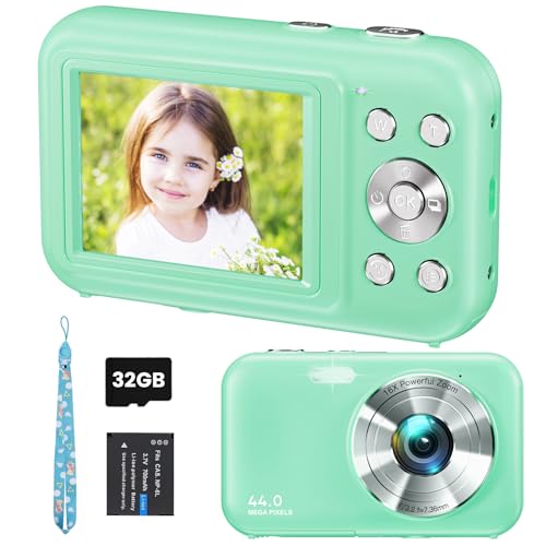 Digitalkamera Fotokamera, FHD 1080P 44MP Kinder Kompaktkamera mit 32GB Karte, Wiederaufladbare Digital Kamera mit 16X Digitalzoom, 2.4" LCD Fotoapparat für Kinder, Mädchen, Jungen, Anfänger(Grün) von AOREGRE