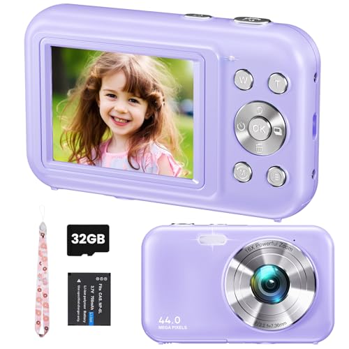 Digitalkamera Fotokamera, FHD 1080P 44MP Kinder Kompaktkamera mit 32GB Karte, Wiederaufladbare Digital Kamera mit 16X Digitalzoom, 2.4" LCD Fotoapparat für Kinder, Mädchen, Jungen, Anfänger(Lila) von AOREGRE