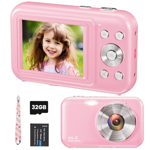 Digitalkamera Fotokamera, FHD 1080P 44MP Kinder Kompaktkamera mit 32GB Karte, Wiederaufladbare Digital Kamera mit 16X Digitalzoom, 2.4" LCD Fotoapparat für Kinder, Mädchen, Jungen, Anfänger(Rosa) von AOREGRE