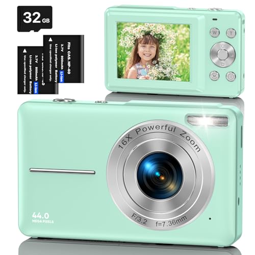 Digitalkamera Fotokamera Kompaktkamera, 44MP 1080P HD Fotoapparat 2,4 '' LCD 16X Digital Zoom Wiederaufladbare Digital Kamera für Kinder, Teenager, Anfänger, Jungen, Mädchen(Grün) von AOREGRE