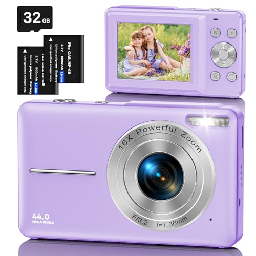 Digitalkamera Fotokamera mit 32GB Karte, 1080P FHD 44MP Kinder Kamera 2,4 '' LCD 16X Digital Zoom Kompaktkamera, Tragbare Fotoapparat mit 2 Akku, Kamera für Kinder, Teenager, Anfänger(Lila) von AOREGRE