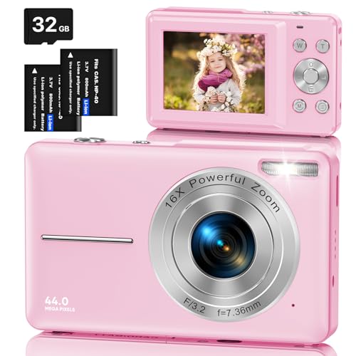 Digitalkamera Fotokamera mit 32GB Karte, 1080P FHD 44MP Kinder Kamera 2,4 '' LCD 16X Digital Zoom Kompaktkamera, Tragbare Fotoapparat mit 2 Akku, Kamera für Kinder, Teenager, Anfänger(Rosa) von AOREGRE