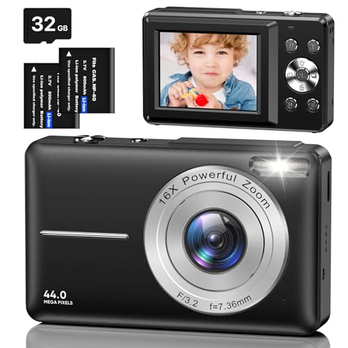 Digitalkamera Fotokamera mit 32GB Karte, 1080P FHD 44MP Kinder Kamera 2,4 '' LCD 16X Digital Zoom Kompaktkamera, Tragbare Fotoapparat mit 2 Akku, Kamera für Kinder, Teenager, Anfänger (Schwarz) von AOREGRE