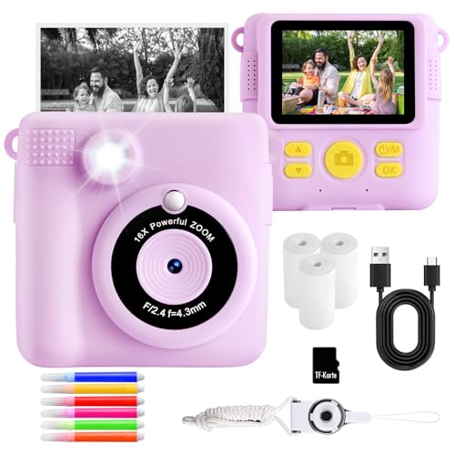 AORILE Kinderkamera, Sofortbildkamera für Kinder, 1080P HD-Digitalkamera mit 32G SD-Karte, 3 Rollen Fotopapier und 6 Farbstiften, für 3–14 Jahre alte Mädchen von AORILE