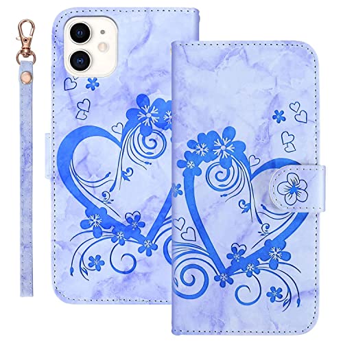 AOSBUTURY Handyhülle Tasche Book Cove für iPhone 11 (6.1 Zoll) Hülle Blume Liebe Herz Muster Marmor PU Leder Klapphülle Brieftasche Schutzhülle Etui Flip Case,Blau von AOSBUTURY