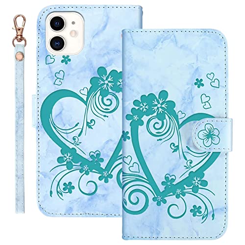 AOSBUTURY Handyhülle Tasche Book Cove für iPhone 11 (6.1 Zoll) Hülle Blume Liebe Herz Muster Marmor PU Leder Klapphülle Brieftasche Schutzhülle Etui Flip Case,Grün von AOSBUTURY