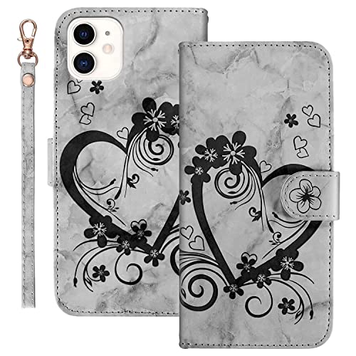 AOSBUTURY Handyhülle Tasche Book Cove für iPhone 11 (6.1 Zoll) Hülle Blume Liebe Herz Muster Marmor PU Leder Klapphülle Brieftasche Schutzhülle Etui Flip Case,Schwarz von AOSBUTURY