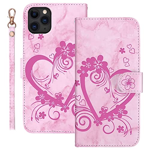 AOSBUTURY Handyhülle Tasche Book Cove für iPhone 11 Pro Max (6.5 Zoll) Hülle Blume Liebe Herz Muster Marmor PU Leder Klapphülle Brieftasche Schutzhülle Etui Flip Case,Rosa von AOSBUTURY