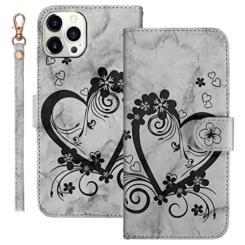 AOSBUTURY Handyhülle Tasche Book Cove für iPhone 12 Pro Max (6.7 Zoll) Hülle Blume Liebe Herz Muster Marmor PU Leder Klapphülle Brieftasche Schutzhülle Etui Flip Case,Schwarz von AOSBUTURY