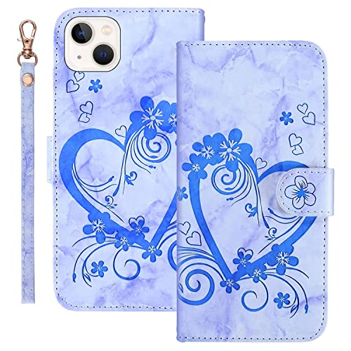 AOSBUTURY Handyhülle Tasche Book Cove für iPhone 13 (6.1 Zoll) Hülle Blume Liebe Herz Muster Marmor PU Leder Klapphülle Brieftasche Schutzhülle Etui Flip Case,Blau von AOSBUTURY