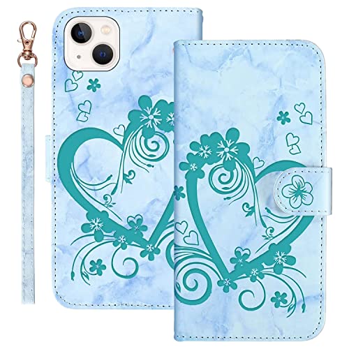 AOSBUTURY Handyhülle Tasche Book Cove für iPhone 14 (6.1 Zoll) Hülle Blume Liebe Herz Muster Marmor PU Leder Klapphülle Brieftasche Schutzhülle Etui Flip Case,Grün von AOSBUTURY