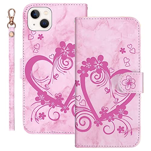 AOSBUTURY Handyhülle Tasche Book Cove für iPhone 14 (6.1 Zoll) Hülle Blume Liebe Herz Muster Marmor PU Leder Klapphülle Brieftasche Schutzhülle Etui Flip Case,Rosa von AOSBUTURY