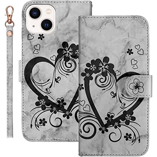 AOSBUTURY Handyhülle Tasche Book Cove für iPhone 15 (6.1 Zoll) Hülle Blume Liebe Herz Muster Marmor PU Leder Klapphülle Brieftasche Schutzhülle Etui Flip Case,Schwarz von AOSBUTURY