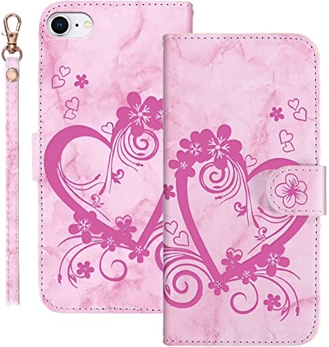 AOSBUTURY Handyhülle Tasche Book Cove für iPhone 7/iPhone 8/iPhone SE 2020 (4.7 Zoll) Hülle Blume Liebe Herz Muster Marmor PU Leder Klapphülle Brieftasche Schutzhülle Etui Flip Case,Rosa von AOSBUTURY