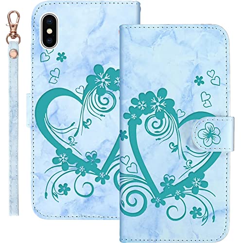 AOSBUTURY Handyhülle Tasche Book Cove für iPhone X/iPhone XS (5.8 Zoll) Hülle Blume Liebe Herz Muster Marmor PU Leder Klapphülle Brieftasche Schutzhülle Etui Flip Case,Grün von AOSBUTURY