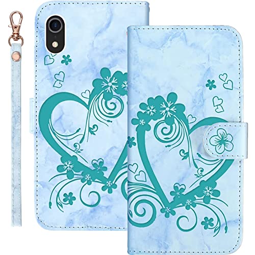 AOSBUTURY Handyhülle Tasche Book Cove für iPhone Xr (6.1 Zoll) Hülle Blume Liebe Herz Muster Marmor PU Leder Klapphülle Brieftasche Schutzhülle Etui Flip Case,Grün von AOSBUTURY