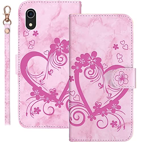 AOSBUTURY Handyhülle Tasche Book Cove für iPhone Xr (6.1 Zoll) Hülle Blume Liebe Herz Muster Marmor PU Leder Klapphülle Brieftasche Schutzhülle Etui Flip Case,Rosa von AOSBUTURY