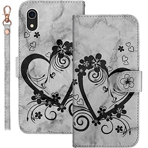 AOSBUTURY Handyhülle Tasche Book Cove für iPhone Xr (6.1 Zoll) Hülle Blume Liebe Herz Muster Marmor PU Leder Klapphülle Brieftasche Schutzhülle Etui Flip Case,Schwarz von AOSBUTURY