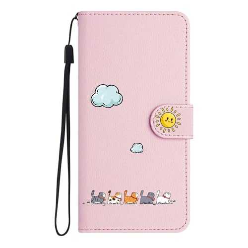 AOSBUTURY iPhone 12 Mini Hülle, Stoßfeste Handyhülle,Etui Flip Case[Verdicktes TPU][Standfunktion] [Kartenfach] PU Leder Klapphülle für iPhone 12 Mini (5.4 Zoll),Rosa&Katze von AOSBUTURY