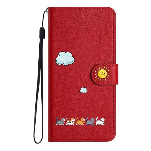 AOSBUTURY iPhone 13 Hülle, Stoßfeste Handyhülle,Etui Flip Case[Verdicktes TPU][Standfunktion] [Kartenfach] PU Leder Klapphülle für iPhone 13 (6.1 Zoll),Rot&Katze von AOSBUTURY