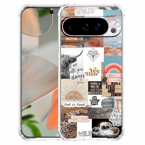 AOSSXIN Jesus und Cowboy-Muster, christliche Zitate und Westernkuh-Collage, trendige, weiche TPU-Schutzhülle für Google Pixel 9 Pro XL von AOSSXIN