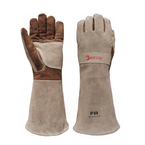 AOUCHI Grillhandschuhe und Schweißhandschuhe aus Rindsleder, langärmelig, feuerfeste und hitzebeständige Kaminhandschuhe für Grill, Schweißen Tig Mig, Kamin, Ofen, Backen, Herd, Topflappen (Medium) von AOUCHI