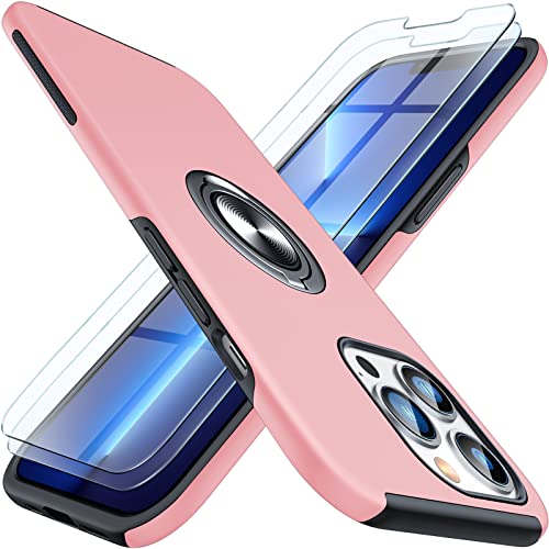 AOUIA Hülle für iPhone 13 Pro Max mit 2 Pack Gehärtetes Glas Displayschutz, Schlanke Stoßfeste Schutzhülle mit Metallring Ständer für AutoHalterung Telefonabdeckung für iPhone 13 Pro Max, Rosa von AOUIA