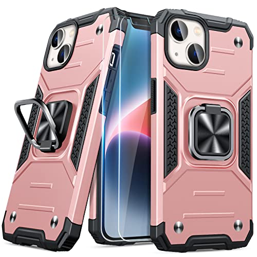 AOUIA für iPhone 13 Hülle/iPhone 14 Hülle, mit 2 Displayschutz, 360° Drehbarer Magnetischem Ständer, Militärqualität Stoßfest für iPhone 13 6.1 Hülle (Rosa) von AOUIA