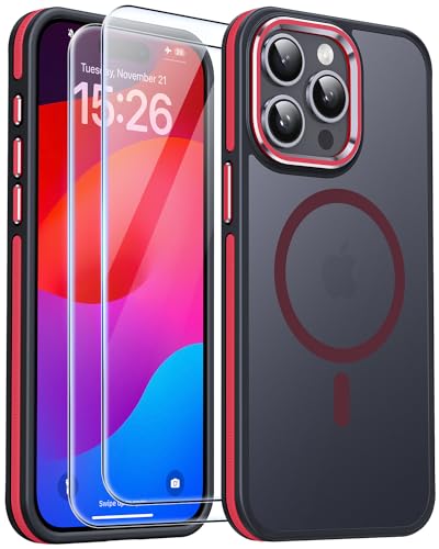 AOUIA für iPhone 15 Pro Hülle, Hülle iPhone 15 Pro mit 2 Stück Schutzfolie, [Fallschutz] [Anti-Kratzer], Transluzentes Mattes Hülle für iPhone 15 Pro Handyhülle (Rot) von AOUIA