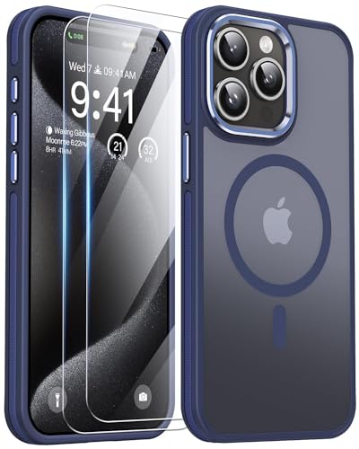 AOUIA für iPhone 15 Pro Max Hülle, iPhone 15 ProMax Hülle mit 2 Stück Schutzfolie, [Fallschutz] [Anti-Kratzer], Transluzentes Mattes Magsafe Hülle für iPhone 15 Pro Max Handyhülle (Blau) von AOUIA