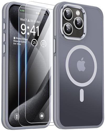 AOUIA für iPhone 15 Pro Max Hülle, iPhone 15 ProMax Hülle mit 2 Stück Schutzfolie, [Fallschutz] [Anti-Kratzer], Transluzentes Mattes Magsafe Hülle für iPhone 15 Pro Max Handyhülle (Grau) von AOUIA