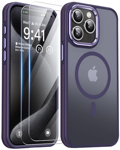 AOUIA für iPhone 15 Pro Max Hülle, iPhone 15 ProMax Hülle mit 2 Stück Schutzfolie, [Fallschutz] [Anti-Kratzer], Transluzentes Mattes Magsafe Hülle für iPhone 15 Pro Max Handyhülle (Lila) von AOUIA