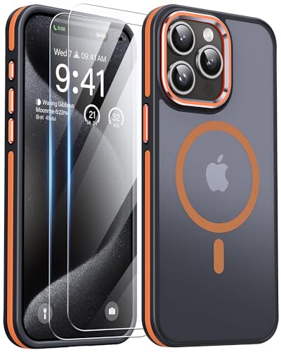 AOUIA für iPhone 15 Pro Max Hülle, iPhone 15 ProMax Hülle mit 2 Stück Schutzfolie, [Fallschutz] [Anti-Kratzer], Transluzentes Mattes Magsafe Hülle für iPhone 15 Pro Max Handyhülle (Orange) von AOUIA