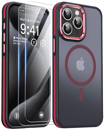 AOUIA für iPhone 15 Pro Max Hülle, iPhone 15 ProMax Hülle mit 2 Stück Schutzfolie, [Fallschutz] [Anti-Kratzer], Transluzentes Mattes Magsafe Hülle für iPhone 15 Pro Max Handyhülle (Rot) von AOUIA