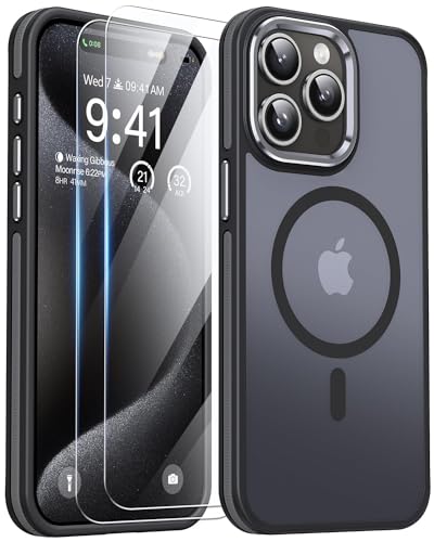 AOUIA für iPhone 15 Pro Max Hülle, iPhone 15 ProMax Hülle mit 2 Stück Schutzfolie, [Fallschutz] [Anti-Kratzer], Transluzentes Mattes Magsafe Hülle für iPhone 15 Pro Max Handyhülle (Schwarz) von AOUIA