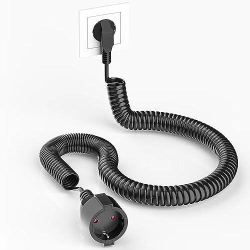 AOUOO Schutzkontakt-Spiralverlängerung, 1,05 m auf 5m dehnbares Spiral-Kabel mit Schutzkontaktwickelstecker & Schutzkontaktkupplung, (230V/16A) PVC Verlängerungskabel, IP20, schwarz von AOUOO