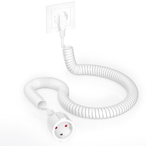 AOUOO Schutzkontakt-Spiralverlängerung, 1,25 m auf 8m dehnbares Spiral-Kabel mit Schutzkontaktwickelstecker & Schutzkontaktkupplung, (230V/16A) PVC Verlängerungskabel, IP20, weiß von AOUOO