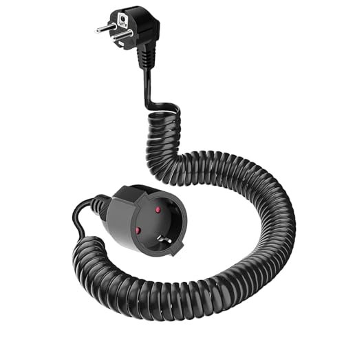 Schutzkontakt-Spiralverlängerung, 0,8 m auf 2m dehnbares Spiral-Kabel mit Schutzkontaktwickelstecker & Schutzkontaktkupplung, (230V/16A) PVC Verlängerungskabel, IP20, schwarz von AOUOO