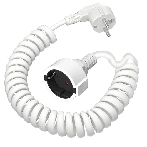 Schutzkontakt-Spiralverlängerung, 0,8 m auf 2m dehnbares Spiral-Kabel mit Schutzkontaktwickelstecker & Schutzkontaktkupplung, (230V/16A) PVC Verlängerungskabel, IP20, weiß von AOUOO