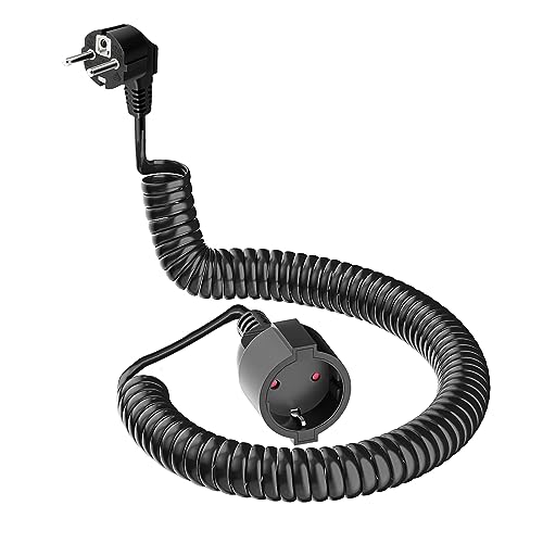 Schutzkontakt-Spiralverlängerung, 3m dehnbares Spiral-Kabel mit Schutzkontaktwickelstecker & Schutzkontaktkupplung, (230V/16A) PVC Verlängerungskabel, IP20, schwarz von AOUOO