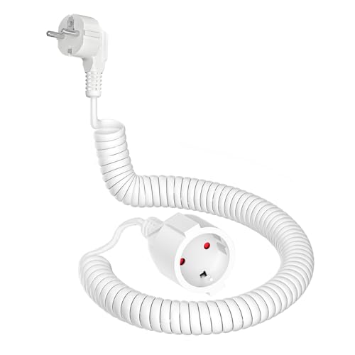 Schutzkontakt-Spiralverlängerung, 3m dehnbares Spiral-Kabel mit Schutzkontaktwickelstecker & Schutzkontaktkupplung, (230V/16A) PVC Verlängerungskabel, IP20, weiß von AOUOO