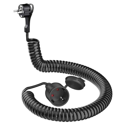 XINKUAN Spiralkabel Verlängerungskabel, 3m dehnbares Spiral-Kabel mit Schutzkontaktwickelstecker & Schutzkontaktkupplung, (230V/16A) PVC, 3 x 1,0 mm², IP20, schwarz von AOUOO