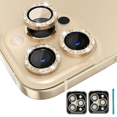 2Pcs Kompatibel mit Iphone 16 Pro/16 Pro Max Kameraschutz Glitzer 9H Gehärtetem Glas HD-Klarheit AR Blendschutz Kompatibel mit Iphone 16 Pro/16 Pro Max Kamera Panzerglas mit 2 Bürsten(Gold Glitzer) von AOUZOVLI