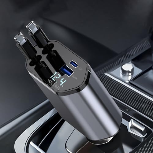 Einziehbares Auto Ladegerät,Zigarettenanzünder USB,4 in 1 USB C Schnelles Autoladegerät 60W mit 2 Typ C Kabel, Kfz Ladegerät USB C Kompatibel mit iPhone/Galaxy/Pixel/Huawei von AOUZOVLI