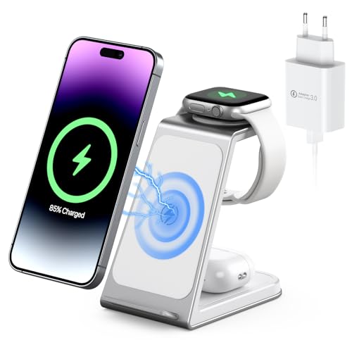 3 in 1 Wireless Charger,15W Ladestation Apple Watch und iPhone Inductive Kabelloses Ladegerät für iPhone 15 14 13 12 11 Pro Max/Mini/XS/XR/8 Samsung Huawei,Apple Watch Series AirPods Pro 3 (Weiß) von AOWIN