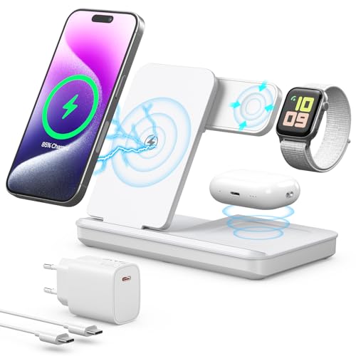 Induktive Ladestation für Apple Watch und iPhone, Kabelloses Ladegerät 3 in 1 Wireless Charger Kompatibel mit iPhone 16 15 14 13 12 MagSafe Gerät, Apple Watch Serie, AirP0ds Pro 3 2 (Weiß) von AOWIN