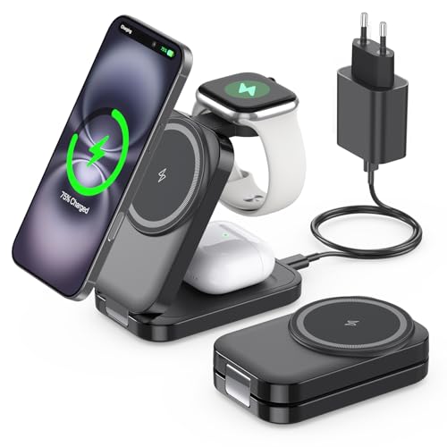 Ladestation kompatibel mit Apple Watch und iPhone,Super Tragbar Magsafe Ladegerät für iPhone 16 15 14 13 12 Serie, 3 IN 1 Mag-Safe Ladestation für Apple Watch AirPods Pro Serie (Schwarz) von AOWIN