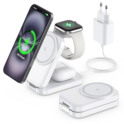 Ladestation kompatibel mit Apple Watch und iPhone,Super Tragbar Magsafe Ladegerät für iPhone 16 15 14 13 12 Serie, 3 IN 1 Mag-Safe Ladestation für Apple Watch AirPods Pro Serie (Weiß) von AOWIN
