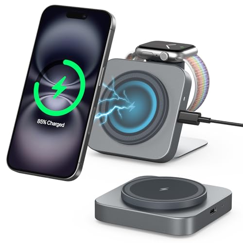 Mag-Safe Ladestation,Tragbares Ladegerät für Apple Watch und iPhone, induktive Ladestation Reisen kompatibel mit iPhone 16 15 14 13 12 iWatch Serie, Wireless Charger für Airp0ds Pro 3 2 (Grau) von AOWIN