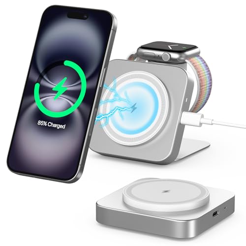 Mag-Safe Ladestation,Tragbare Ladegerät für Apple Watch und iPhone, induktive Ladestation für Reisen kompatibel mit iPhone 16 15 14 13 12 iWatch Serie, Wireless Charger für Airp0ds Pro 3 2 (Silber) von AOWIN